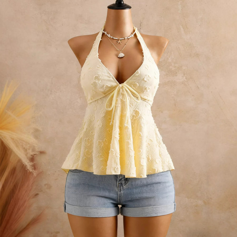2026 European and American Cross-Border Hot-Selling Jacquard V-Neck Tie Summer Women's Top, New Foreign Trade Style, Cute and Stylish Tank Top