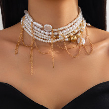 欧美跨境饰品 多层大小串珠流苏复古项圈饰品仿珍珠项链女choker