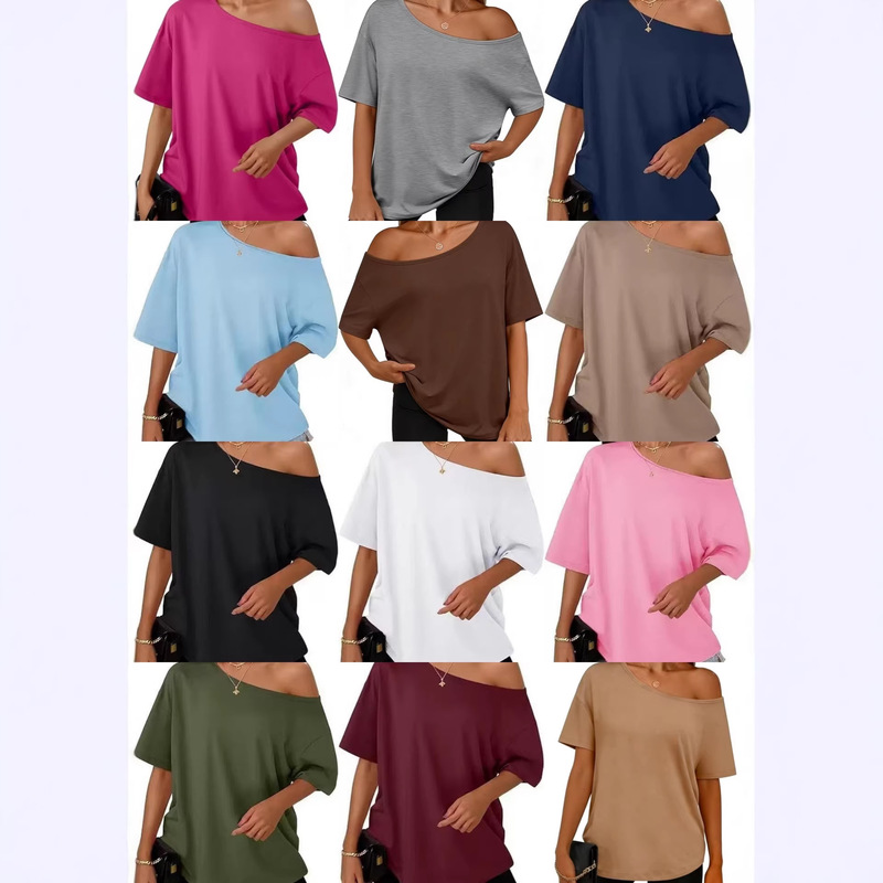 2025 Cross-Border Amazon Summer Slanted Shoulder Loose Top European and American Export Pure Color T-Shirt 2025 Cross-Border Amazon Summer Slanted Shoulder Loose Top European and American Export Pure Color T-Shirt