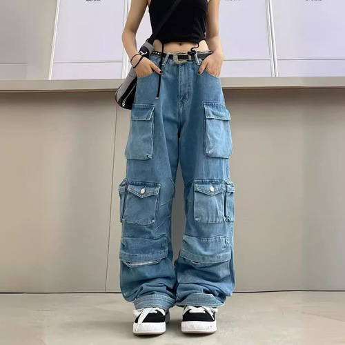 Streetwear Fashion Ash Grey Patchwork Multi-Pocket Work Pants, Street Washed Distressed Long Length Wide Leg Pants
