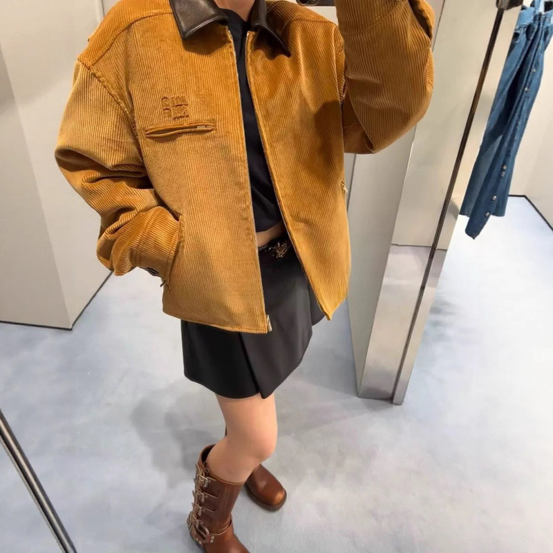 高版本MIU系棕色夹克棉服外套拼皮领子设计男女同款微标刺绣logo|undefined