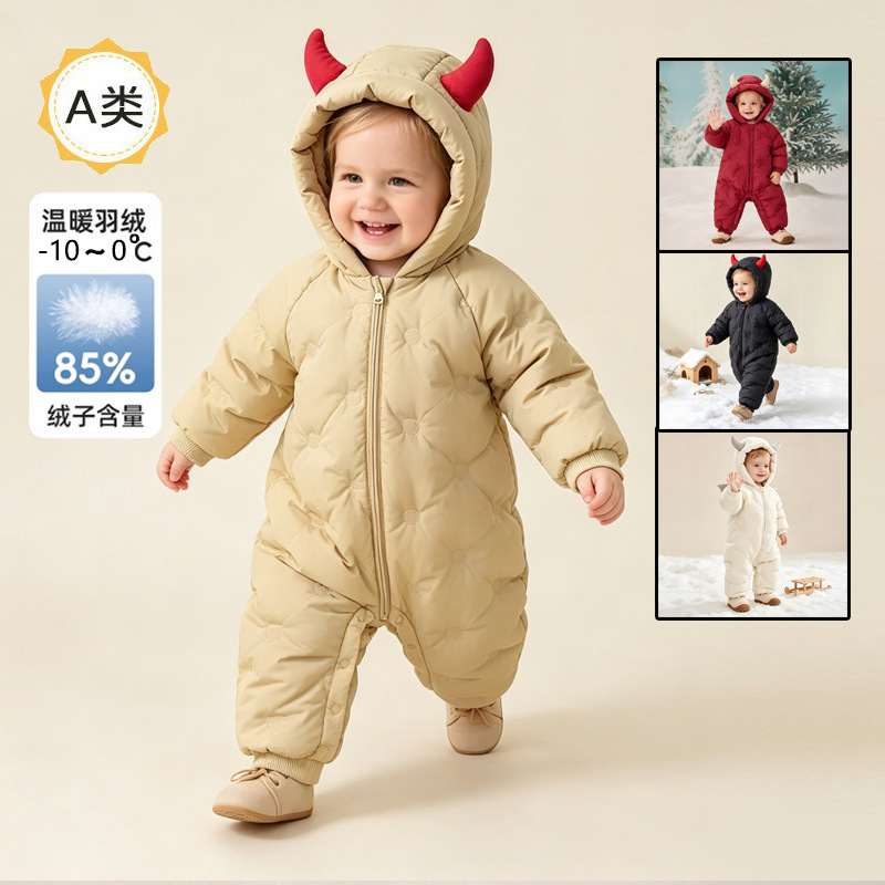 Infant down jumpsuit 2026 new winter model, thickened baby romper, white duck down romper, red coat