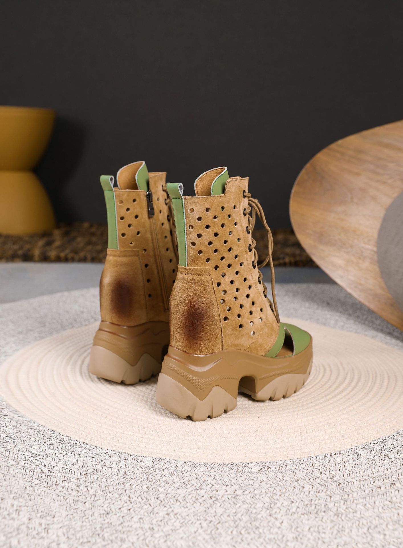 Boot nữ cổ thấp miệng cá, đế rỗng cao 12 cm, phong cách cổ điển — Màu xanh lục Nâu chi tiết 10