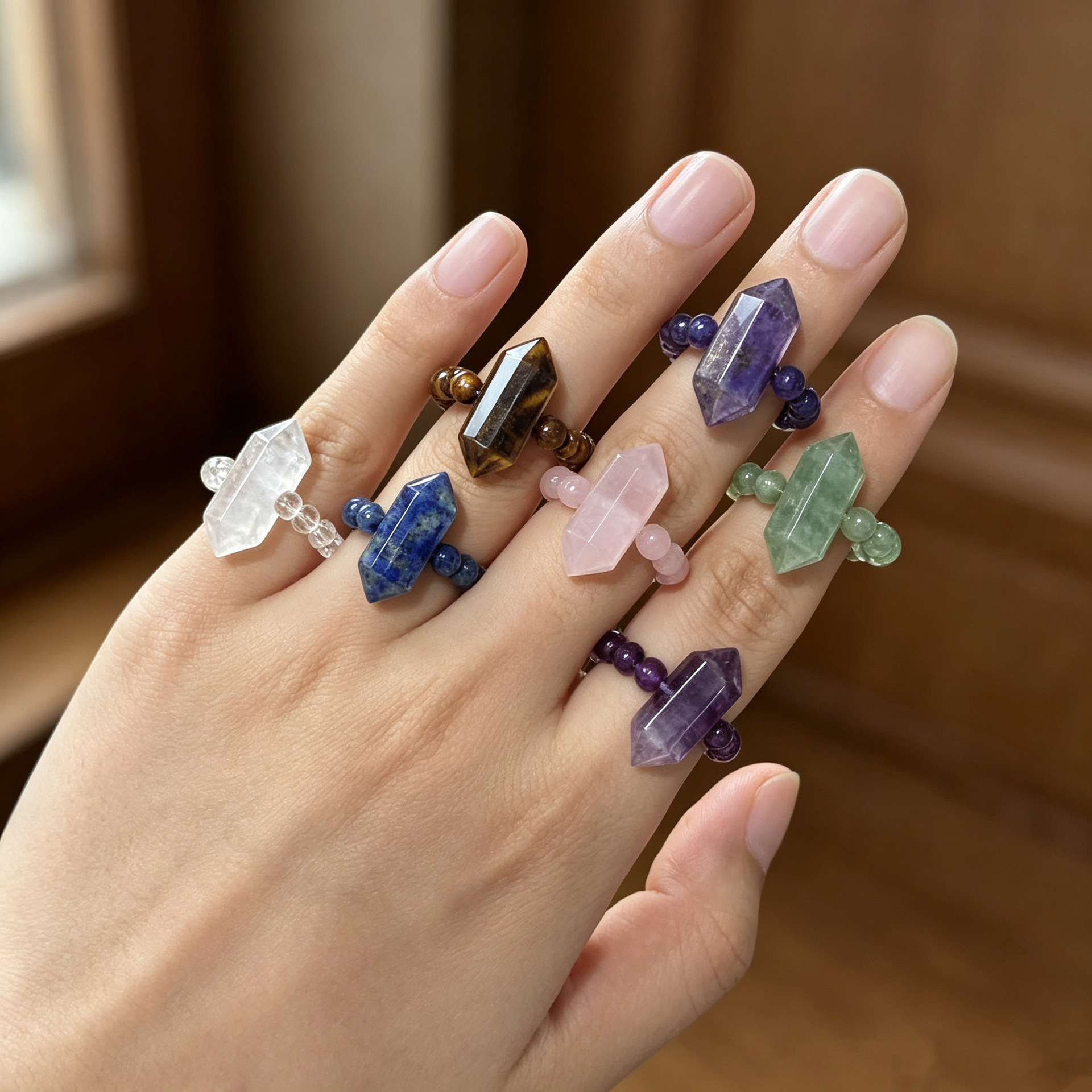 Cross-border bestseller crystal ring, natural pink crystal ring with double-pointed hexagonal prism elastic beaded band, in stock for quick delivery