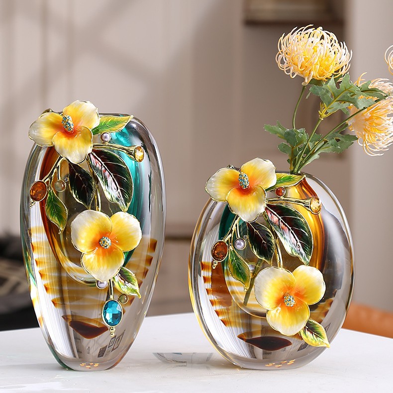 Creative Accessible Luxury Classy Enamel Glass Ornaments Living Room Entrance European American Home Decoration Carved Vase