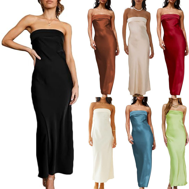 Amazon Women's Satin Silk Backless Tube Top Elegant Strapless Extra Long Tight Skirt Suitable for Party