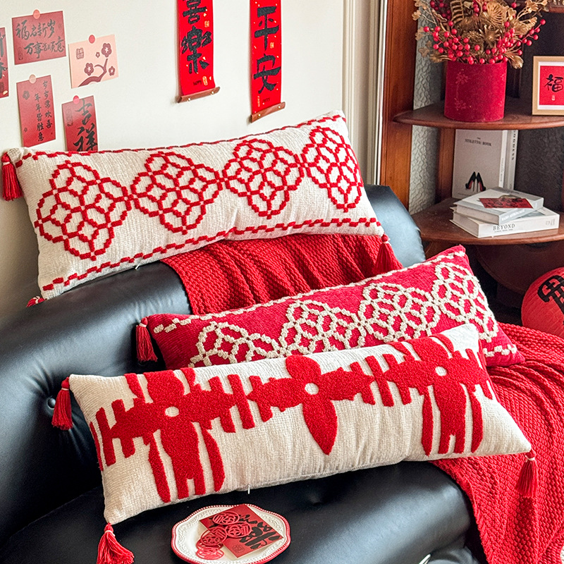 Red New Year Wedding High-End New Chinese Style Decorative Pillow Pillowcase Bedroom Sofa Bay Window Cushion Cushion with Core