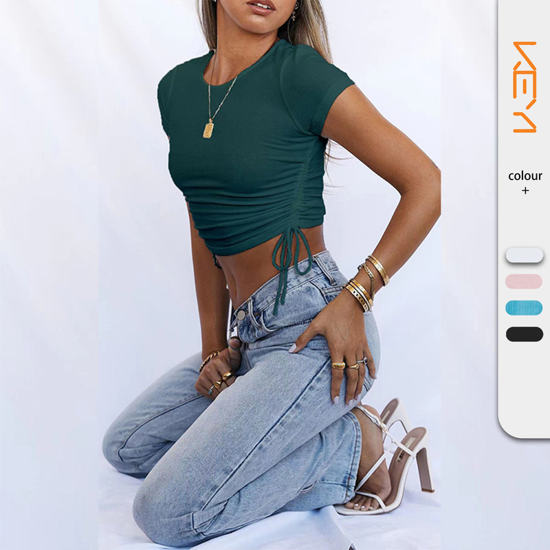 Amazon European and American Clothing Navel-Baring Short-Sleeved T-Shirt Short Pit Strip Fashion Drawstring Strap Round Neck Top for Women Versatile