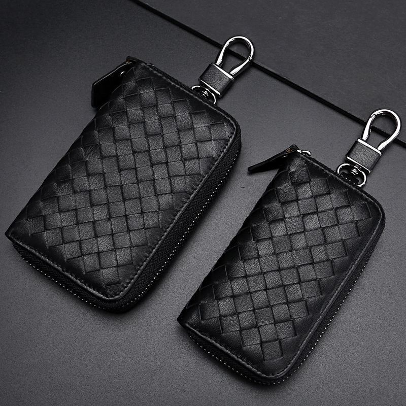 Woven Car Key Bag Men's Leather Car Key Cover Men's Large Capacity Zipper Key Bag Portable Key Chain
