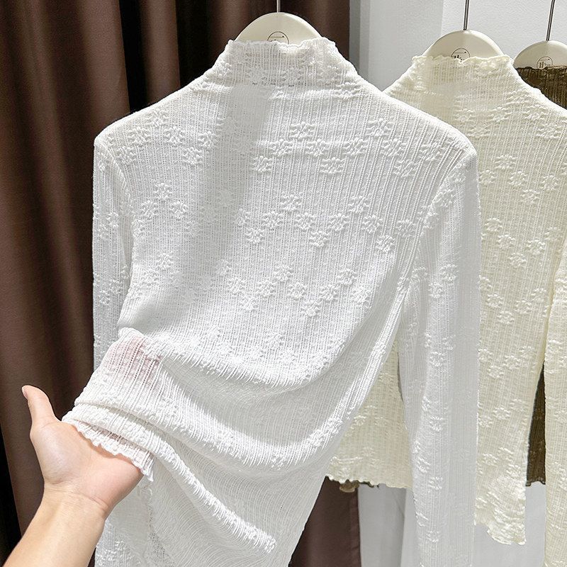 Chanel-style lace high-neck base layer top for women, thin and with ruffled trim, high-end feel, long-sleeved, suitable for spring and autumn 2026.