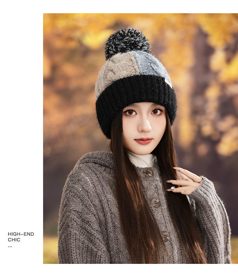 Fashion Versatile Color Block Pom Knitted Autumn Winter Outdoor Fleece Lined Thickened Warm Artistic Retro Pullover Hat_voghion.com