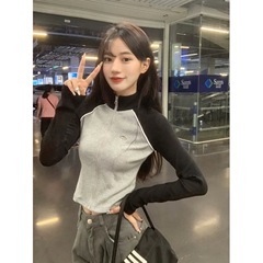 美式修身撞色高领拉链卫衣外套女春秋设计感小众辣妹高腰短款上衣