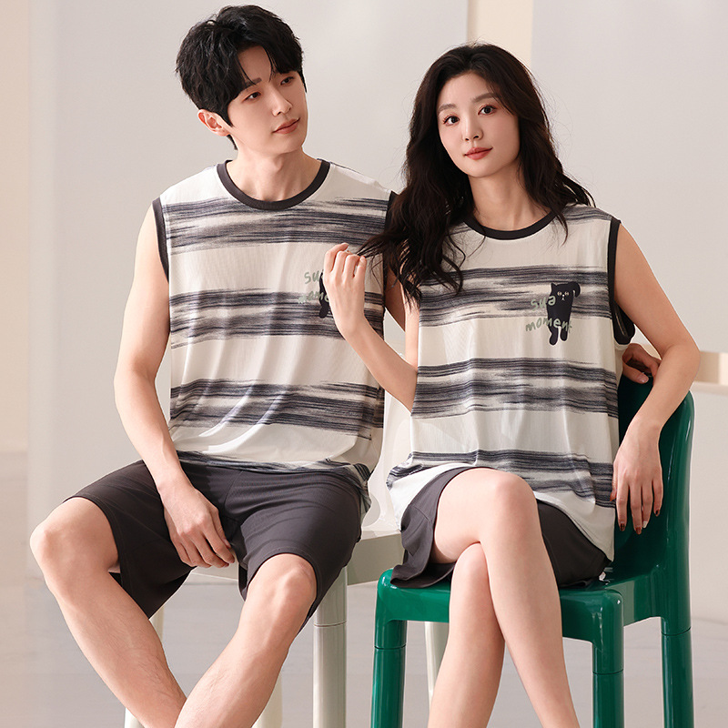 2025 Summer New Cross-border Explosions Ice Silk Thread Couple Pajamas Vest Shorts Women's Home Clothes Can be Wearing