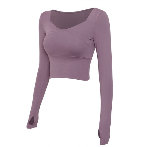 Women's Autumn New Running Top, Fitted and Slimming, Sexy Sports Top with Long Sleeve and Bra Cup, Yoga Clothes Trendy