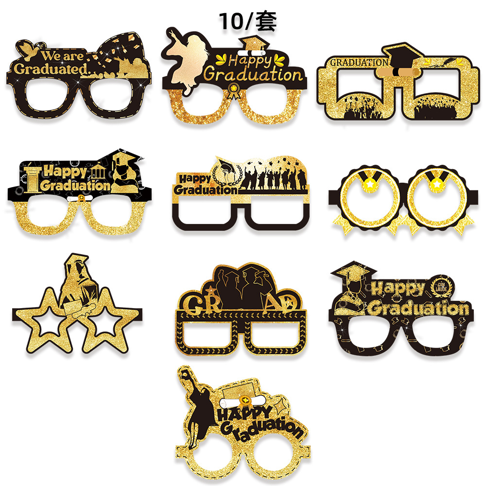10 unids/set transfronterizo nueva temporada de graduación decoración gafas de fiesta feliz graduación gafas de papel de oro negro