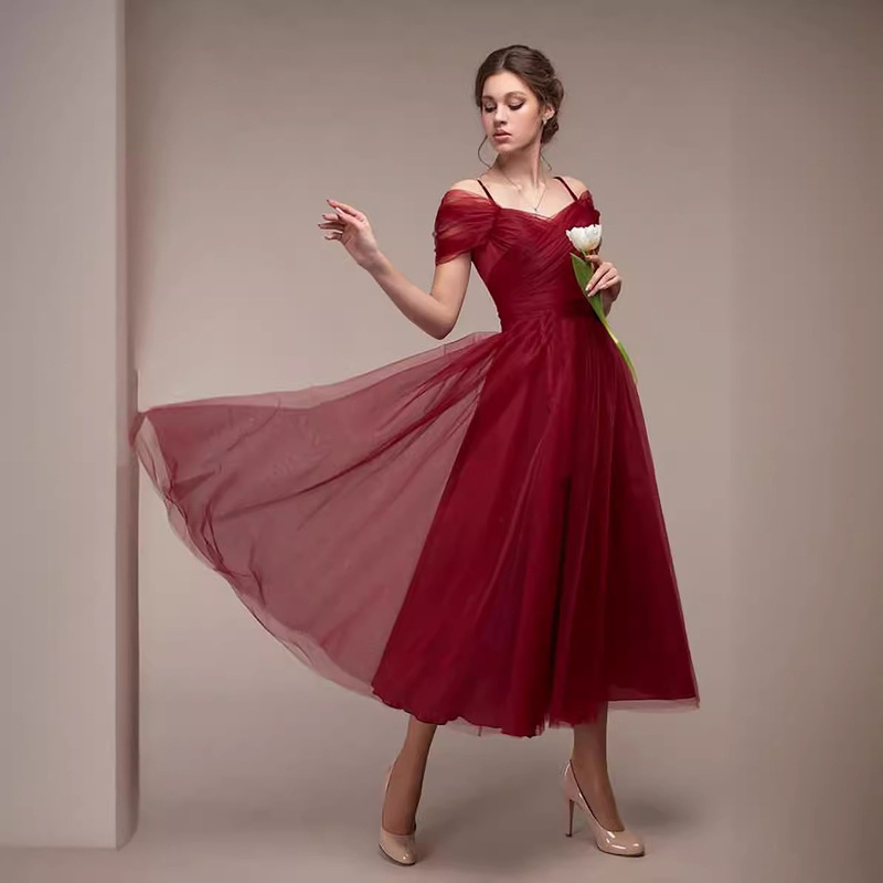 Foreign Trade Dress Youthful Artistic Princess Dress Pink Mesh Women's Dress Spaghetti Strap Bridesmaid Dress