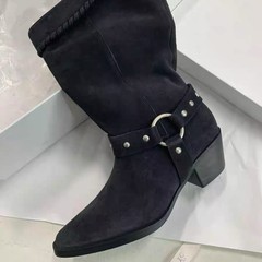 羊皮版~复古小众尖头粗跟铆钉中高筒靴西部牛仔靴女堆堆靴骑士靴