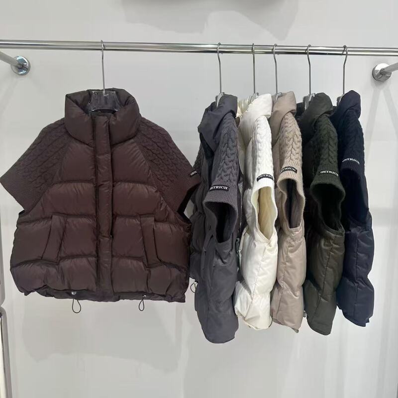 Cross-Border Autumn and Winter New Style Knitted Patchwork Stand Collar down Vest for Women, Short White Duck down Warm Vest Jacket Trendy