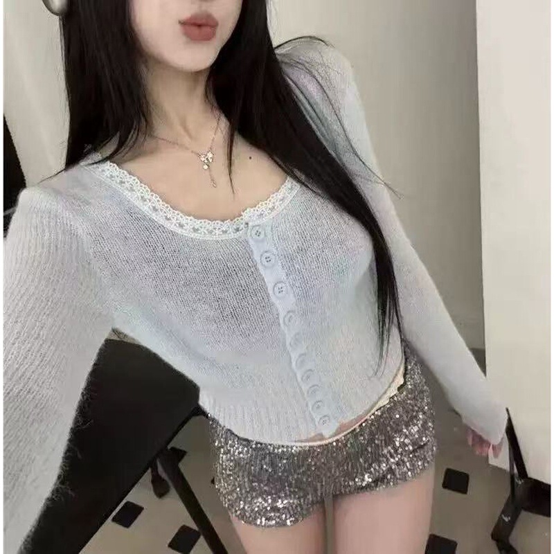 Soft and Fragrant Milky Yellow Lace Ice Silk Knitted Cardigan for Women 2025 Spring and Summer Slightly See-Through Top