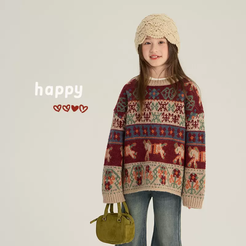 艾摩贝贝女童新年氛围感提花毛衣加厚针织衫冬季儿童保暖内搭上衣