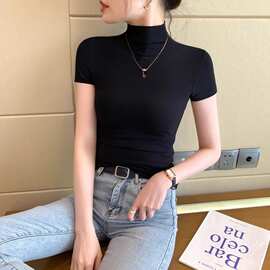 黑色螺纹半高领短袖恤女2026夏新款时尚百搭打底衫针织紧身上衣