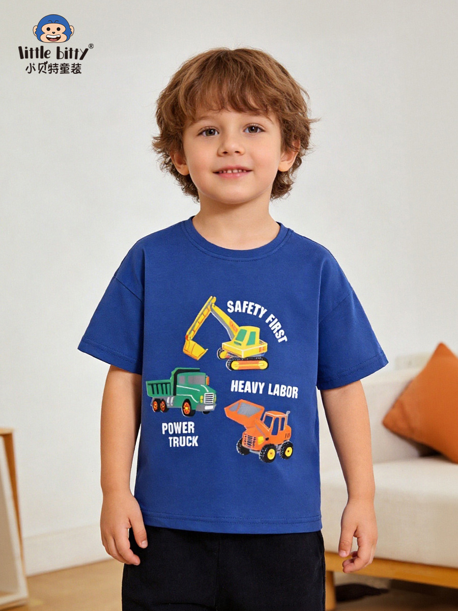 Cross-Border European and American Style 2026 Spring/Summer Children's Short-Sleeve T-Shirt with Cartoon Car Print, Round Neck, Boys' Top Clothing