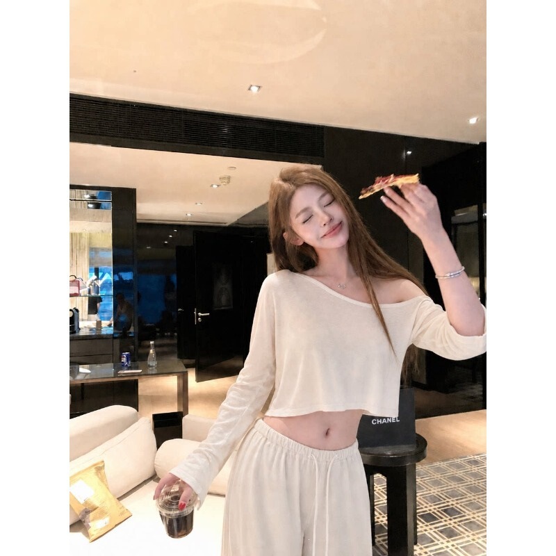 【Original - 260g rayon】 Casual loose-fitting off-shoulder long-sleeve T-shirt for women, autumn hot girl top