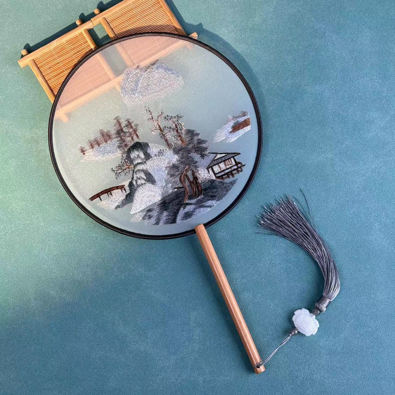 Ventilador antiguo bordado de doble cara ventilador redondo de estilo chino Fan
