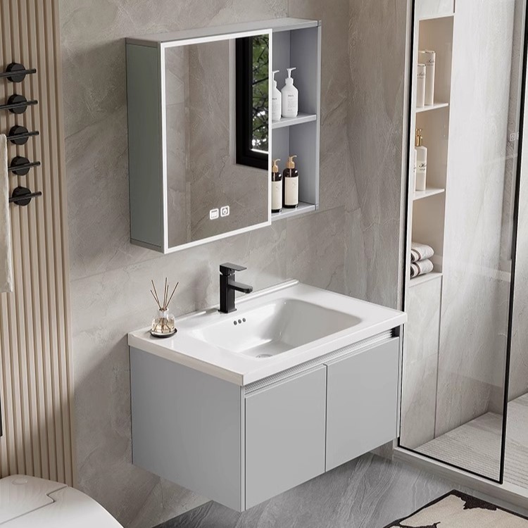 Gabinete de baño combinado lavabo de aluminio de panal, lavabo de aluminio espacial simple, almacenamiento de maquillaje, lavabo de espejo inteligente
