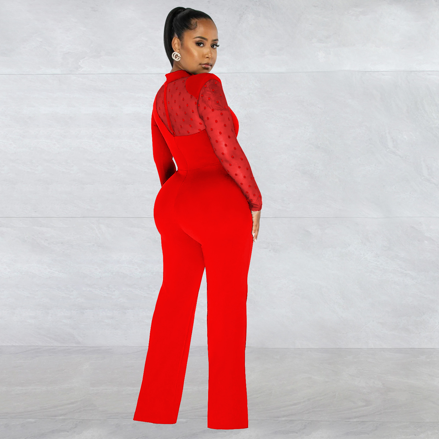 Women's Clothing fashion women's polka dot mesh see-through long-sleeved trousers solid color jumpsuit_voghion.com