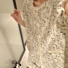 纯棉Korea夏季新款睡衣女套装素描可爱兔子花边领外穿家居服睡裙