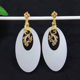 Fubei Diamond Jewelry [18K Gold with Diamond Inlaid Hetian Mutton-Fat White Jade Earrings] the Size of the Loose Stone Is about 21*38mm