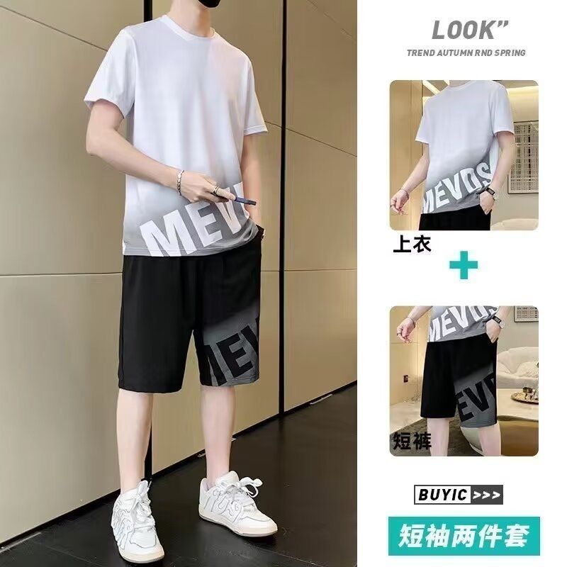 メンズ夏用アイスシルク薄手速乾服、半袖Tシャツ、ショートパンツ、カジュアルスポーツウェア、ハンサムな衣装のセット|undefined