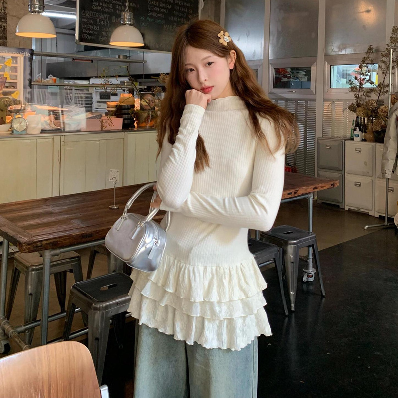 Korean-Style Simple White Ruffled Half-High Collar Long-Sleeve Knit Top for Women, Early Spring Multi-Layered Lace Slim-Fit Base Shirt