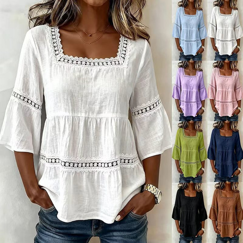2026 Cross-Border Amazon Summer Solid Color Casual Square Neck Cotton Linen Lace Trim Spliced Three-Quarter Sleeve Women's Blouse