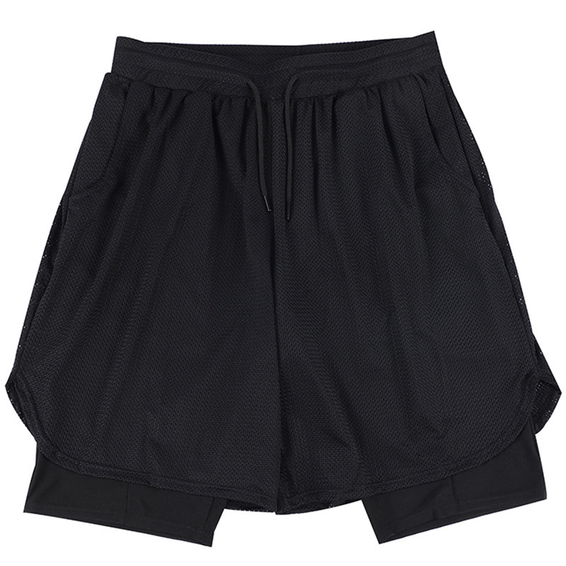 Summer sports casual 2-in-1 shorts black stretch tight fitness shorts breathable sweat-absorbent outdoor sports pants