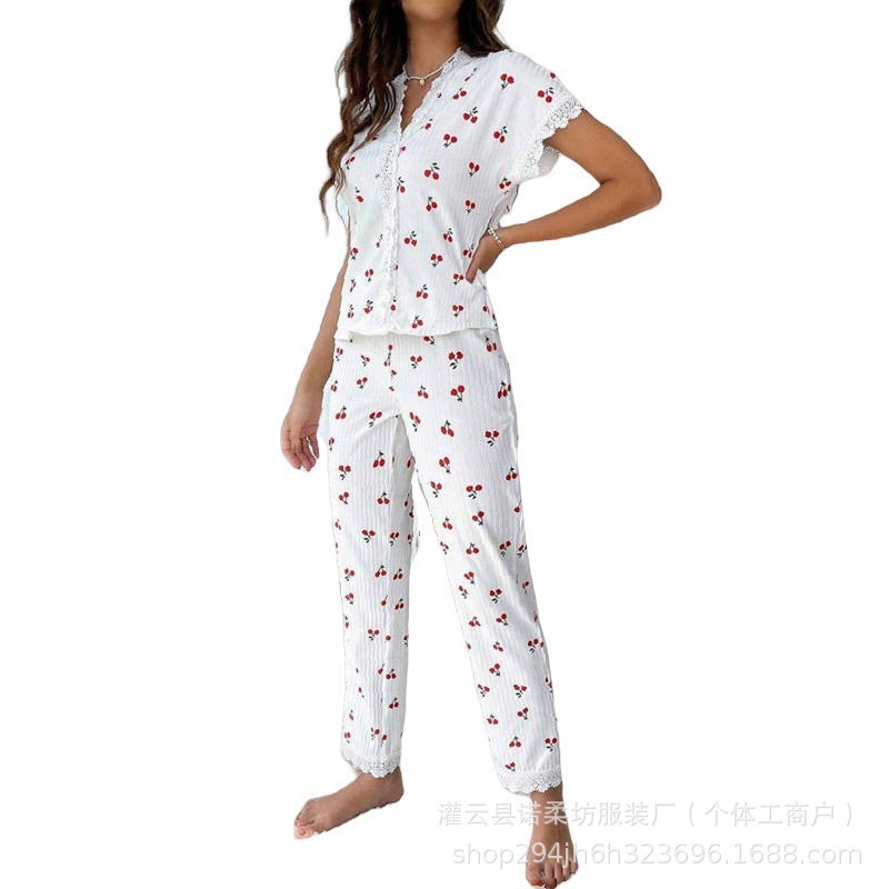 欧美跨境热销女士家居服樱桃印花水溶绣花边短袖长裤可外穿睡衣女|undefined
