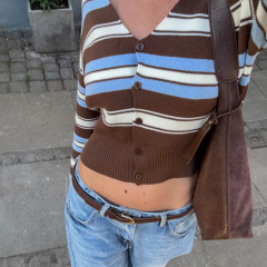 韩系复古风条纹V领排扣休闲收腰开衫女跨境新品修身显瘦短款上衣