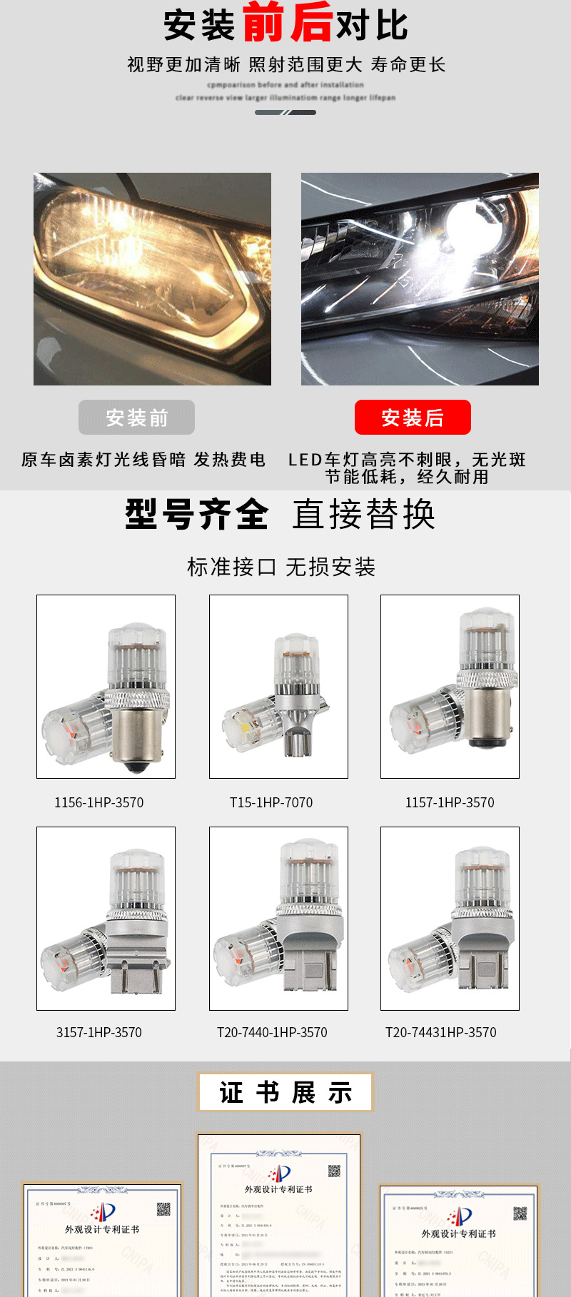 Universal Led T25 Brake Light for Vehicles 31571Hp-3570 Soft Light High-Brightness Lens Car Reversing Light Tail Light