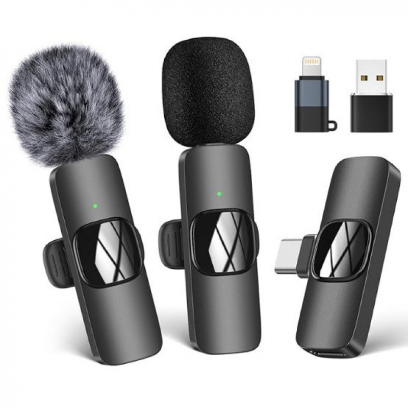 Factory Direct Sales Wireless Lavalier Microphone K1 One-To-Two Douyin Live Broadcast Intelligent Noise Reduction Wireless Mini Microphone