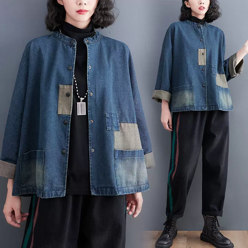 实拍现货 韩版款做旧贴布拼接牛仔百搭开衫短外套女