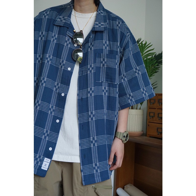 Camicia uomo retro stile giapponese a quadri collo cubano blu_voghion.com