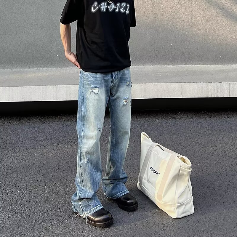 2025秋冬新款美式高街破洞牛仔裤男痞帅直筒宽松微喇长裤子男潮牌|undefined