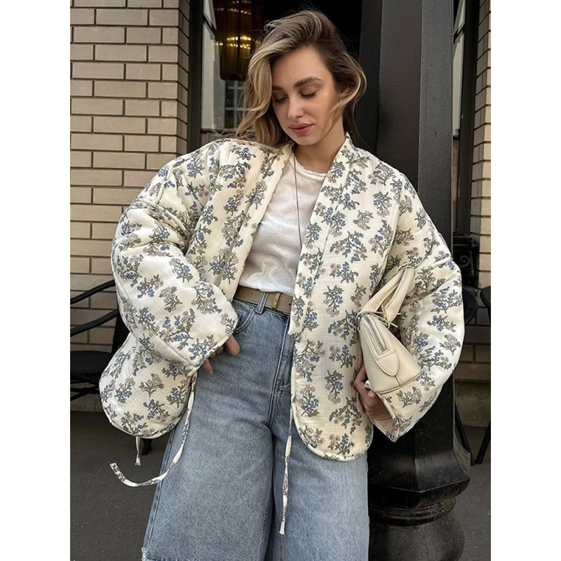 Fotografía real - estilo casual impresión de lazos de cuello en V de lazos de abrigo de algodón para mujeres 2025 nuevo estilo transfronterizo europeo y americano