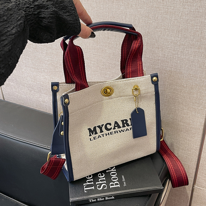Gran capacidad de viaje al trabajo bolso de mano para mujeres 2024 nuevo lino retro color contraste mochila de hombro