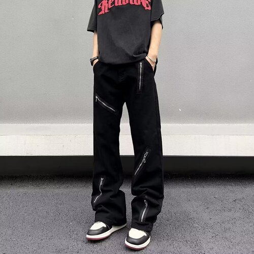 High-end street-style American vibe zipper indie denim jeans for men, trendy brand bell-bottoms with a high-waist and wide-leg design