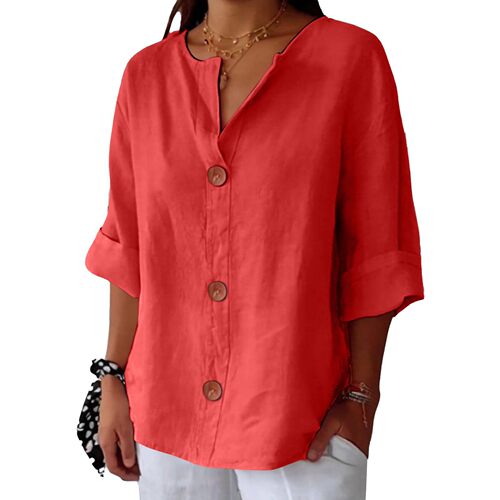 2025 Spring and Summer New Amazon Cross-border Europe and America New Loose T-shirt Women's V-neck Cotton Linen Button Top 