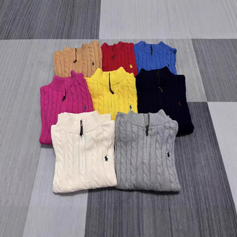Cross-Border Rl Ralph Lauren Sweater with All Tags Intact, Qr Code Available, Embroidered Pony Logo, Zip-Up Knit Sweater, Crew Neck Cable-Knit Cardigan