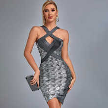 跨境高端奢华烫金性感挂脖裙露背包臀绷带礼服聚会派对夜店连衣裙