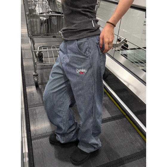 CCYE American Style Original Embroidered Vintage Casual Vertical Stripe Jeans Men and Women Straight All-match Loose Slim-fit Trousers